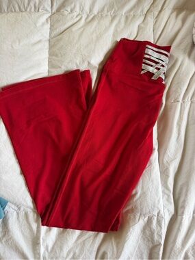Fabletics Red High-Waist Leggings with Silver Waist Straps